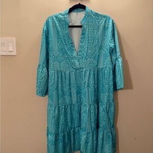 💙 Turquoise Tiered V-Neck Dress with Bell Sleeves 💙